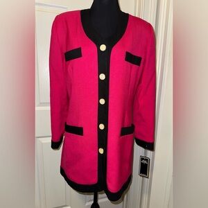 Vintage Pink and Black Structured Blazer with Tailored Pearl Button Design
